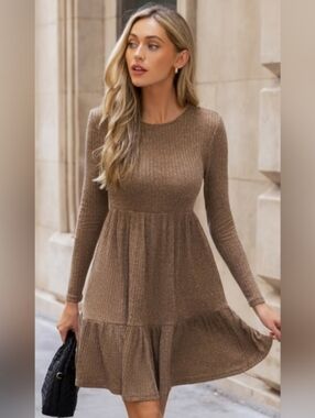 Cupshe Brown Ribbed Knit Long Sleeve Flounce Mini Dress BRAND NEW